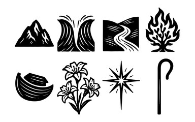 Fototapeta premium Biblical symbols: mountains, sea, pathway, burning bush, ark, lilies, star, shepherd's staff in black silhouette design