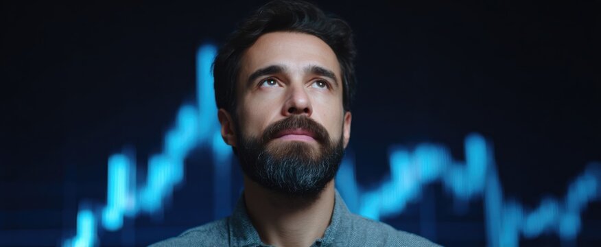 Determined worker gazes at large financial chart illuminating hopes and ambitions on the wall