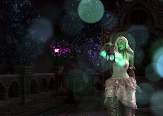 Fototapeta premium 3D Illustration of ghostly woman bride with pale skin and white hair, wearing a lace gown, head separated from her body. Ideal for gothic, horror, or fantasy themed art and design projects.