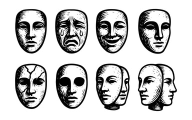 Emotional theatre masks in hand-drawn vintage style