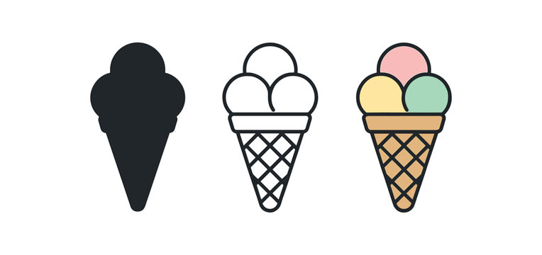 italian gelato icons three gelato scoops waffle cone silhouettes one flat solid monochrome one thin black outline black and white one full color flat icon soft pastel flavors