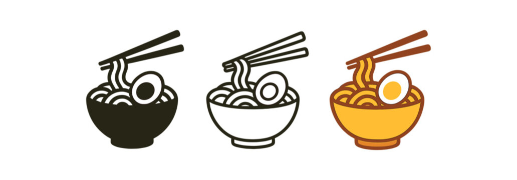 japanese ramen icons three bowls with noodles egg slice and chopsticks one flat solid monochrome one thin black outline black and white one full color flat icon warm noodle colors