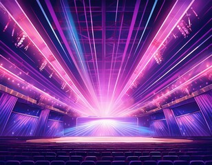 it s showtime energetic anime style banner ad featuring an empty concert stage with dramatic purple lighting glowing rays and soft shadows creating an exciting celebratory atmosphere