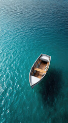 Obraz premium Wooden boat blue water top view clear sea tranquil sunlight shadow outdoor summer peaceful