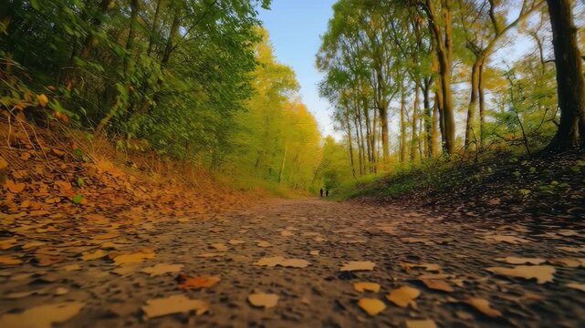 Low-angle 4K forward camera move through an autumn forest path, warm golden light, soft leaf textures and cinematic natural atmosphere.