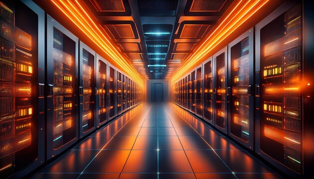 modern data servers in a high tech server room orange lights glowing futuristic data center advanced technology digital infrastructure networking cloud computing secure data storage it