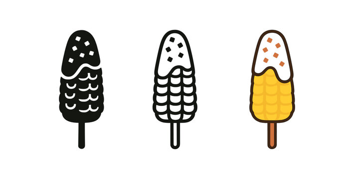 mexican elote icons three corn on cob silhouettes with sauce and cheese sprinkle one flat solid monochrome one thin black outline black and white one full color flat icon white and red
