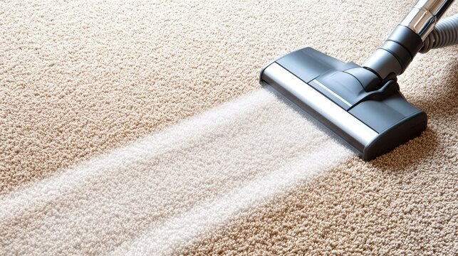 The vacuum cleaner diligently eliminates dust and dirt from the beige carpet, creating a fresh atmosphere in the well-lit room during the sunny afternoon hours.