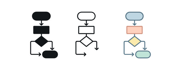 algorithm flowchart icons three minimal and arrow flowchart icons one flat solid monochrome one thin black outline black and white one full color flat icon soft ui colors