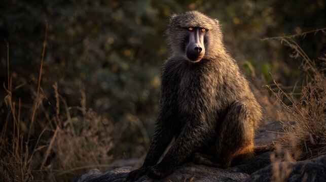 Intimate portrait of a male baboon his amber eyes reflecting warm savanna afternoon light
