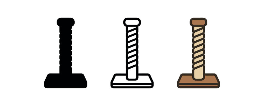 scratching post icons three vertical scratching post silhouettes with base one flat solid monochrome one thin black outline black and white one full color flat icon rope and wood colors