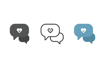 therapy chat icons three speech bubble icons with tiny heart or dot cluster inside one flat solid monochrome one thin black outline black and white one full color flat icon calming blue