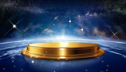 a floating golden podium placed in a celestial space with twinkling stars