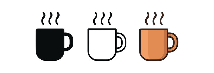 coffee cup icons three coffee mug icons one flat solid monochrome one thin black outline black and white one full color flat icon with warm tones minimal style isolated on white background