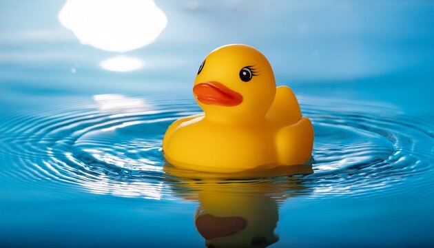 yellow rubber duck floating on calm water ripples in soft light