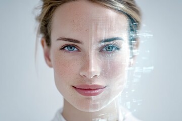 Woman's face split between natural skin and digital wireframe scan overlay