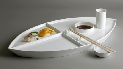 White Boat-shaped Sushi Plate with Soy Sauce and Chopsticks on Gray Background