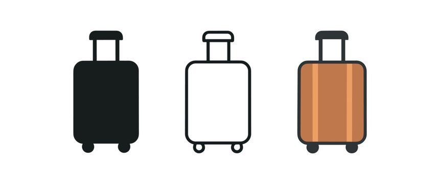 suitcase icons three travel suitcase icons one flat solid monochrome one thin black outline black and white one full color flat icon warm brown travel theme