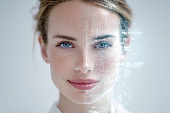 Woman's face split between natural skin and digital wireframe scan overlay