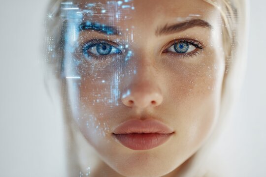 Woman's face with overlaid blue digital interface elements and glitter.