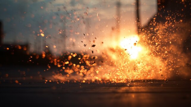 An explosive scene captures dust and particles scattering in the air as sunlight bursts through the haze, creating a vibrant glow. The explosion's intensity fills the background wi