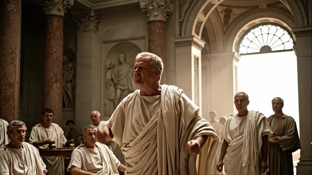 Male Roman senator giving an impassioned speech to other men in a historical assembly hall, ancient political debate footage