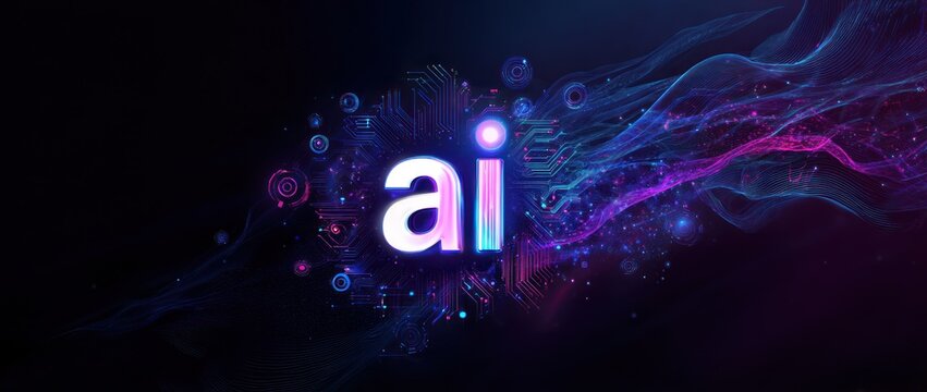 Glowing ai text centered among abstract digital circuit patterns