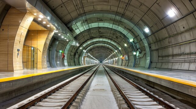 Futuristic Subway Station with Sleek Architecture and Empty Tracks in Urban Setting, Perfect for Transportation and Infrastructure Concepts
