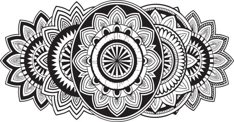Black and white mandala pattern with intricate floral elements