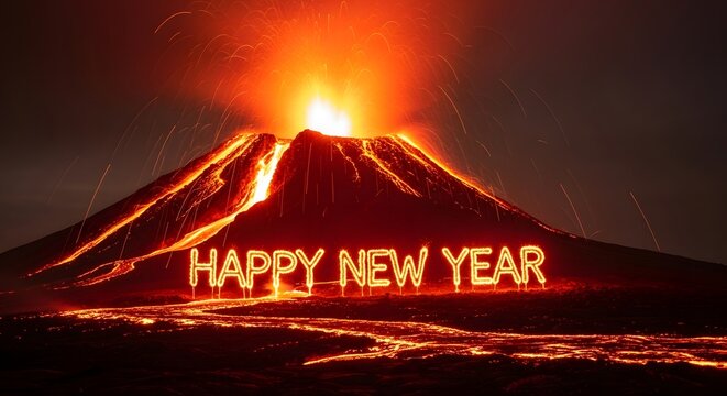 Fototapeta Happy New Year Text Formed by Lava in Front of Erupting Volcano at Night