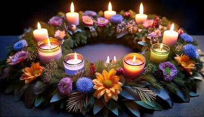 A Vibrant Floral Wreath With Lit Candles Symbolizing Deep Remembrance And Spiritual Altars Often Found Adorning Sacred Spaces And Altars For Honoring Departed Souls On All Saints Day