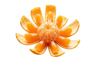 Overhead shot of a peeled tangerine with the segments arranged in a flower shape isolated on transparent background the tangerine is bright orange