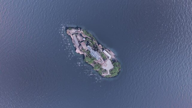 Top aerial drone shot of Alcatraz Island in San Francisco. California. United States