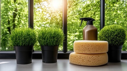 Cleaning supplies arranged on a windowsill with plants and natural light highlighting a fresh and tidy atmosphere