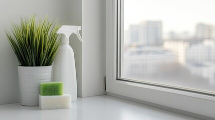 A collection of colorful cleaning supplies is neatly organized on a sunny windowsill, offering a stunning view of the city skyline during the day