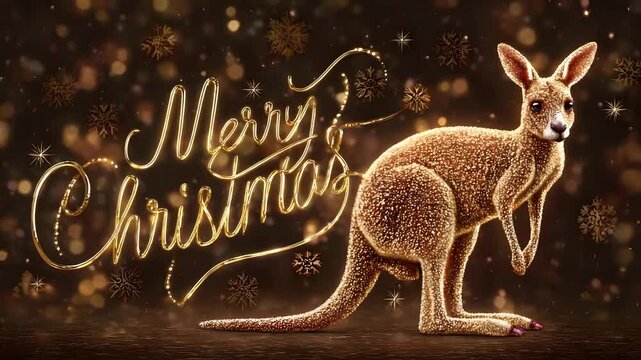 Festive kangaroo illustration with golden Merry Christmas text a unique holiday greeting card design perfect for Australian Christmas celebrations