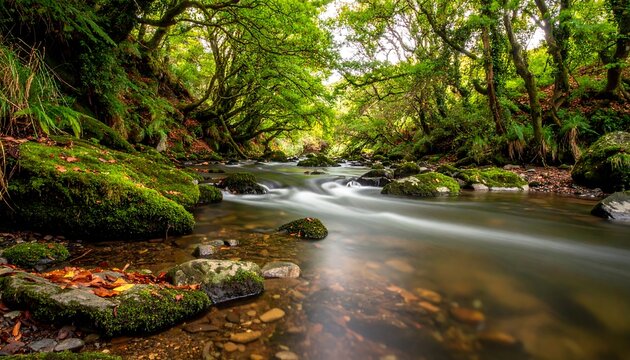Serene stream meanders through vibrant green forest, mossy rocks