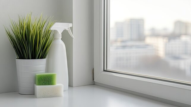 A collection of colorful cleaning supplies is neatly organized on a sunny windowsill, offering a stunning view of the city skyline during the day - Powered by Adobe