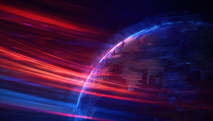 Digital globe with red and blue light streaks in dark space.