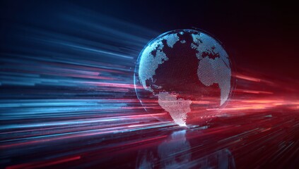 Digital glowing globe moving fast through light trails