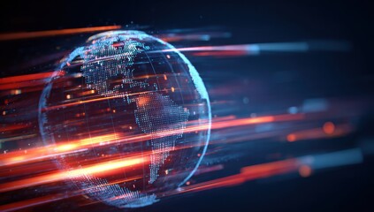 Digital globe with light streaks representing global data transmission speed
