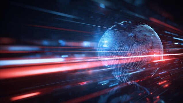 Digital earth globe with fast moving red and blue light streaks.