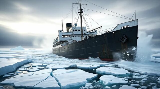 Icebreaker ship navigating through arctic ice floes, global warming and climate change, expedition or scientific journey footage.