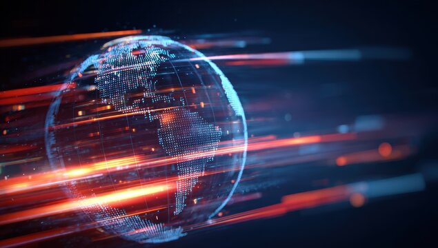 Digital globe with light streaks representing global data transmission speed - Powered by Adobe