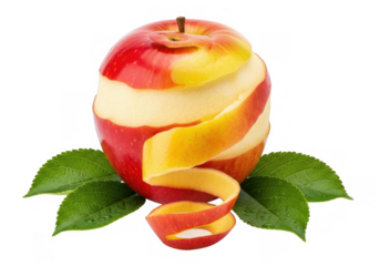A red apple with its peel spiraling around it, sitting on green leaves, isolated on transparent background the apple is partially peeled, showing the white flesh underneath