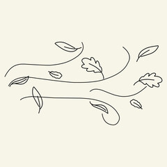 hand drawn leaf wind doodle An outline background with autumn leaves flying in the wind. The air flow leaves wave linear pattern is reminiscent of an autumn windy weather handdrawn monochrome image.
