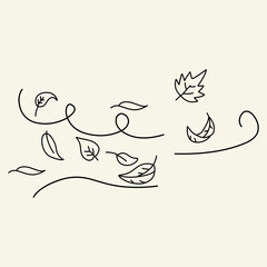 Obraz premium hand drawn leaf wind doodle An outline background with autumn leaves flying in the wind. The air flow leaves wave linear pattern is reminiscent of an autumn windy weather handdrawn monochrome image.