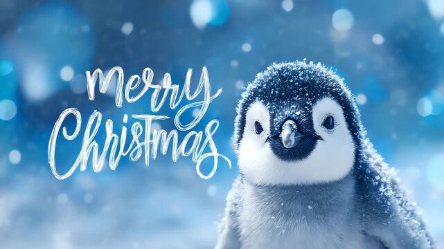 Cute baby penguin with snow on its head wishing Merry Christmas a festive holiday card for seasonal greetings
