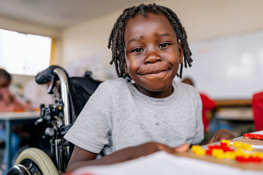 A young child in a wheelchair sits at a classroom table, smiling at the camera. The background shows a bright classroom environment with a whiteboard and other students.
