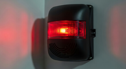 Emergency warning light on wall with bright red glow indicating urgent situation or alert